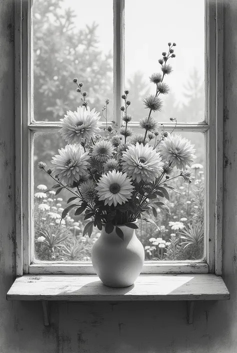  A bouquet painted in pencil ,  is on a photo of a realistic windowsill, garden outside the window .