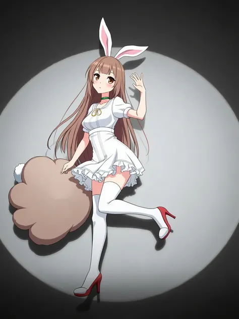 1girl, brown hair, solo, long hair, breasts, looking at viewer, blush, thighhighs, dress, animal ears, cleavage, brown eyes, medium breasts, standing, tail, full body, short sleeves, heart, frills, choker, puffy sleeves, white dress, rabbit ears, high heel...