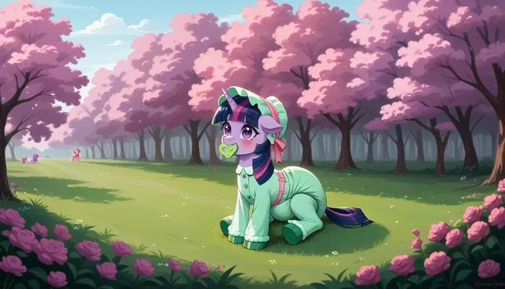 purple pony unicorn alone, Twilight Sparkle, purple wool ,  dark blue mane with a purple strand and a pink strand , gathered in a green bonnet,  dark blue tail with a purple strand and a pink strand, Violet eyes, sitting outside on the grass, dressed in a ...