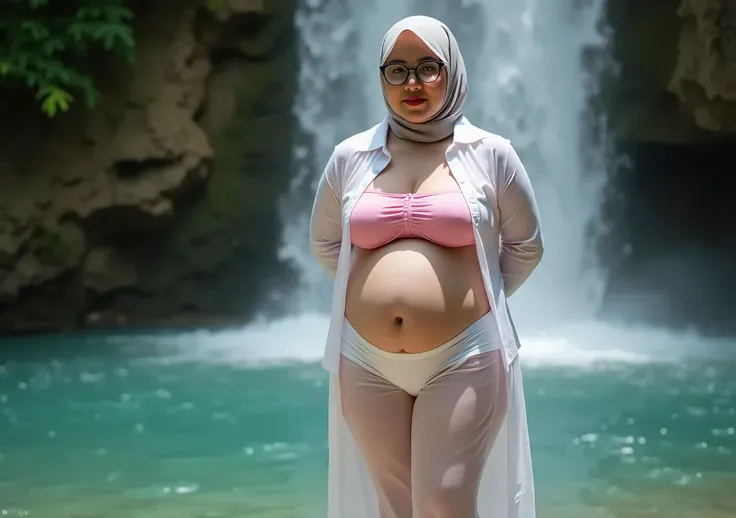 BADAN GEMOK PERUT BUBCIT, Headscarf covers the hair to see the face of a Malay woman, Wearing an Pink Top Strapless kelihatan jelas bra dari dalam top Strapless, wearing white details Transparent PALAZZO, veiled fat woman, wering high heel closed front sho...