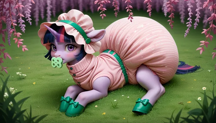 purple pony unicorn alone, Twilight Sparkle, purple wool ,  dark blue mane with a purple strand and a pink strand , gathered in a green bonnet,  dark blue tail with a purple strand and a pink strand, Violet eyes, sitting outside on the grass, dressed in a ...