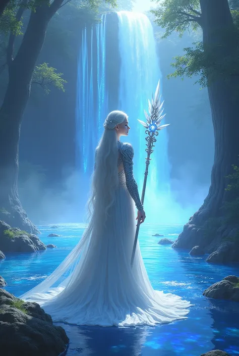 An ethereal elven queen, resplendent in silver armor and flowing white gown, stands majestically at the threshold of the luminous Sapphire Forest, where crystalline trees shimmer with an iridescent blue glow. Her ornate staff, adorned with a radiant gem, c...