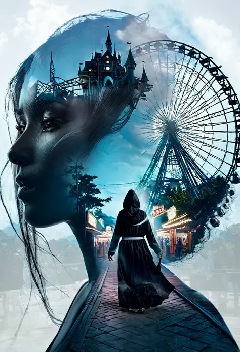 (Double exposure of black grim reaper and beautiful woman), [A close-up of the face of the Black Reaper in the distance above: amusement parkに立つ美しい女性, She is wearing a beautiful dress : 0.25], amusement park, A place of memories