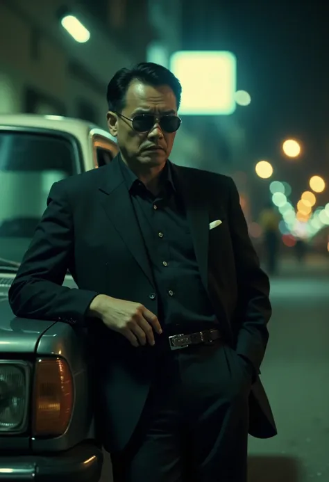 cinematography, realistic, retro, film grain, Wong Kar-Wai, dark lighting, solo, a middle age man in black suit and black sunglasses, stern expression, hand in pocket, he leaning against a car, blurry, bokeh