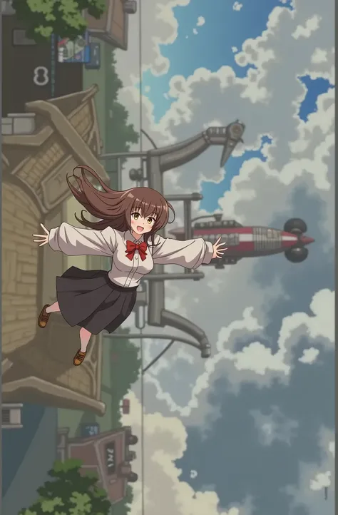 1girl, brown hair, solo, long hair, looking at viewer, open mouth, bangs, skirt, brown hair, shirt, long sleeves, bow, brown eyes, white shirt, hair bow, outdoors, sky, shoes, day, socks, puffy sleeves, cloud, bowtie, black skirt, red bow, blue sky, brown ...