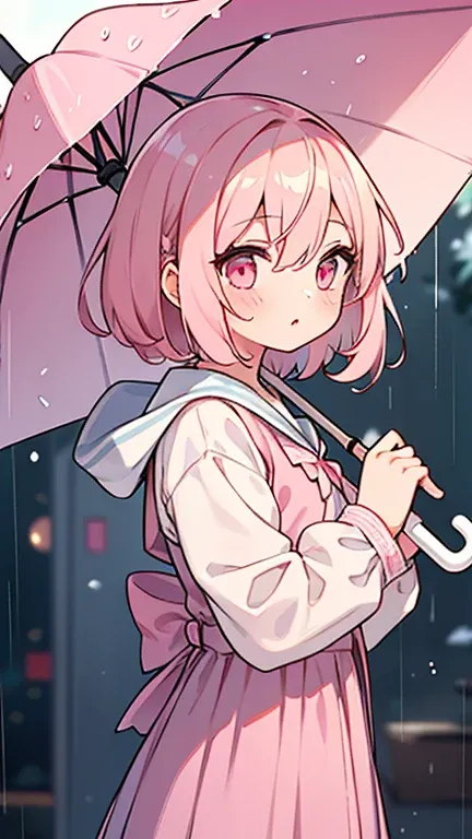 (( A girl with light pink hair and pink eyes)),(( and its raining )),(( Im wearing a light pink umbrella)),bangs, hair between eyes ,Im wearing 