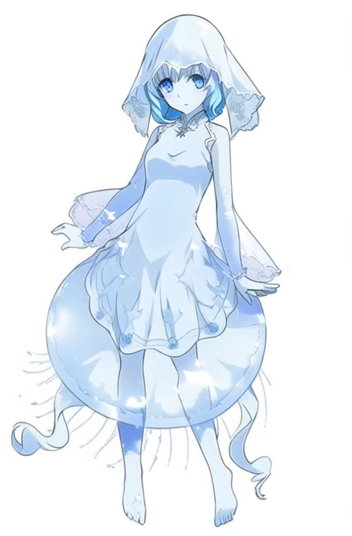 an anime picture of a woman in a white dress and a veil, jellyfish priestess, jellyfish shrine maiden, pale young ghost girl, she has pale blue skin!!!, a stunning young ethereal figure, jellyfish god, ethereal anime, , neutral pose, loli in dress, anime g...