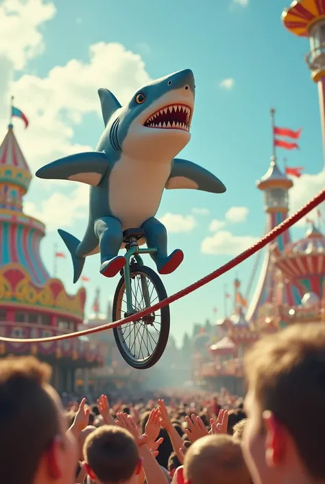 Amusement Park、A shark character at the theme park walks a tightrope on a unicycle、The surrounding audience claps 