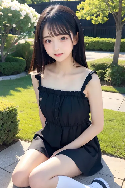 8k,Japanese,,Childish,Innocent face,Innocent look, teenage girl ,cute,Spring-like outfit,Spring Weather,Daily wear,Black Hair,garden,Sitting,Décolletage