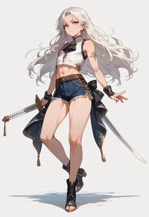 full body, solo, Fantasy,sword,  long hair, A beautiful young boy with white hair, femboy, girly, detailed skin, Simple clothing, short pants, sleeveless shirt, masterpiece, (detailed skin), detailed face, simple background