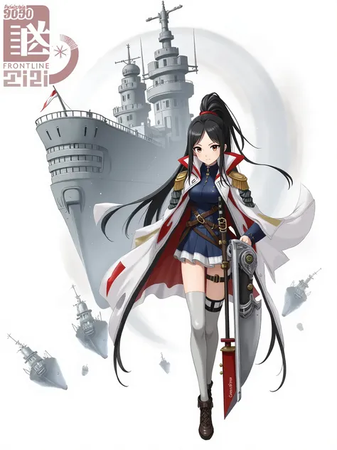 long hair, looking at viewer, 1girls, black hair, white background, holding, brown eyes, very long hair, hair pulled back, forehead, ponytail, standing, full body, weapon, shorts, sword, holding weapon, military, holding sword, asymmetrical legwear, milita...