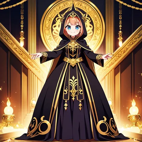 Full body, beautiful eyes ,(Cult leader)  , Ballgown, 1 girl  , full body , cute girl , anime style , cute eyes  , (standing up)  , gold designs on outfit , (beautiful eyes) , black cloak , Smile, Looking at viewer , covered in treasure , ornate outfit , g...