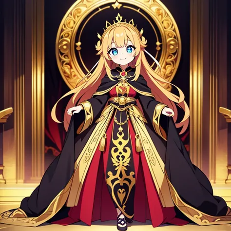 Full body, beautiful eyes ,(Cult leader)  , Ballgown, 1 girl  , full body , cute girl , anime style , cute eyes  , (standing up)  , gold designs on outfit , (beautiful eyes) , black cloak , Smile, Looking at viewer , covered in treasure , ornate outfit , g...