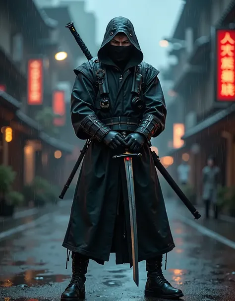 masterpiece, best quality, hires, 8k, 1male, male focus, solo, solo focus, A man in a dark combat suit, covering his entire body, with a hood and black mask that covers him up to his nose and he has a Japanese katana in his hands, ninja, Kyoto background, ...