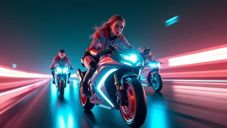 (Wide and low angle view). Futuristic super bike race in the cosmos. At night, (1 robotic western woman with mechanical arms, solo, alone), photorealistic, large-breast:1.3 slim:0.6 body, (pale baby face illuminated by strong:2.0 artificial light, bright f...