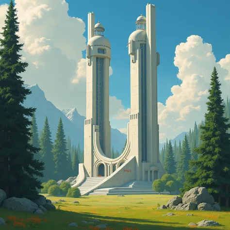 ralph-mcquarrie style, greek architecture done in a sci-fi style on a beautiful forest and meadow scene with tall buildings and open green spaces, oil painting, beautiful, highly detailed