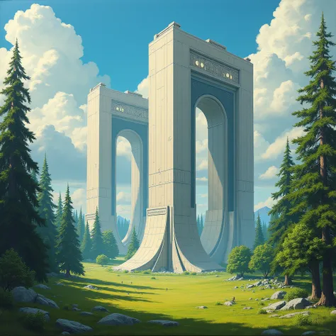 ralph-mcquarrie style, greek architecture done in a sci-fi style on a beautiful forest and meadow scene with tall buildings and open green spaces, oil painting, beautiful, highly detailed