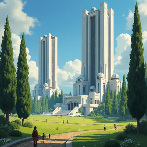 ralph-mcquarrie style, greek architecture done in a sci-fi style on a beautiful forest and meadow scene with tall buildings and open green spaces, oil painting, beautiful, highly detailed