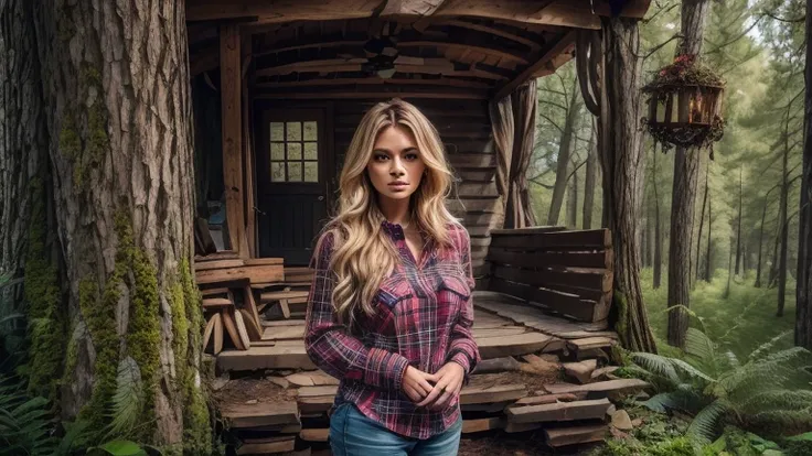 cabin in the woods, front porch, wood pile, rusty truck on cinderblocks, dense trees, dark woods, large oak trees, moss, Beautiful woman, plaid long-sleeved flannel shirt, long wavy blonde hair, 