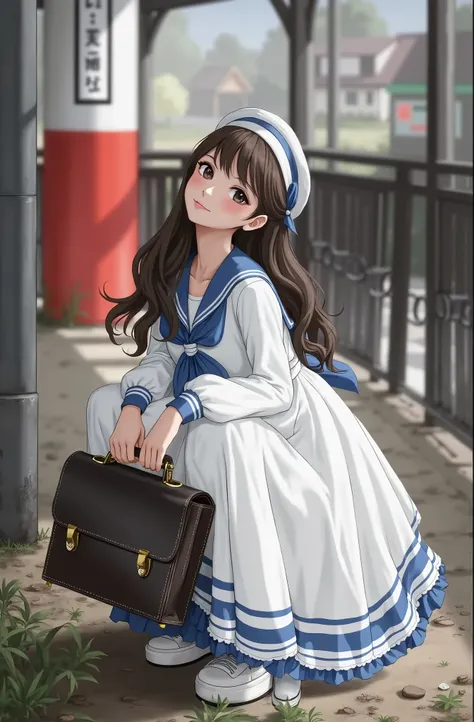 1girl, brown hair, solo, long hair, looking at viewer, blush, bangs, black hair, long sleeves, hat, dress, holding, full body, outdoors, parted lips, shoes, day, sailor collar, bag, white and blue dress, blurry, black eyes, neckerchief, blurry background, ...