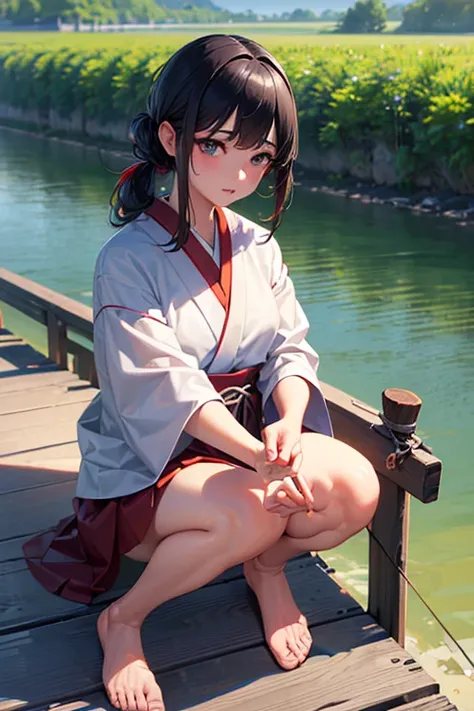 ((masterpiece, Best Quality, Highest quality, High resolution, Realistic, RAW Photos, 8k,   very detailed CG composite 8K wallpaper )),  fishing samurai girl ,  with black hair tied at the back ,  beautiful facial details , Delicate female fingers, Im wear...