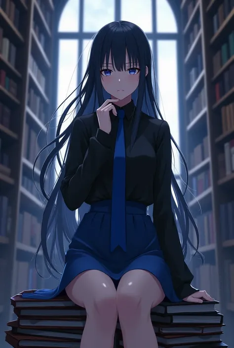 Long Hair, Bangs, Blue eyes, Simple background, Very Long Hair, From Below, Masterpiece, Best Quality, Black Hair, Hime Cut, Backlighting, Anime, library, sitting on books, arched tall window, night, soft moonlight, , straight hair, light blue eyes, black ...