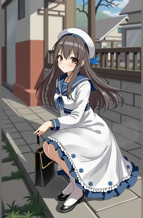 1girl, brown hair, solo, long hair, looking at viewer, blush, bangs, black hair, long sleeves, hat, dress, holding, full body, outdoors, parted lips, shoes, day, sailor collar, bag, white and blue dress, blurry, black eyes, neckerchief, blurry background, ...