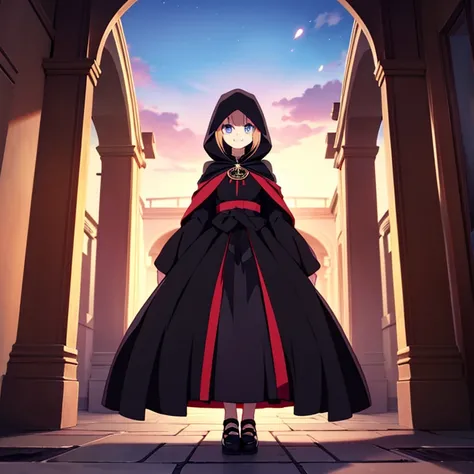 Full body, beautiful eyes ,(cult member)  , Ballgown, 1 girl  , full body , cute girl , anime style , cute eyes  , (standing up)   , (beautiful eyes) , black cloak , Smile, Looking at viewer, bones ,