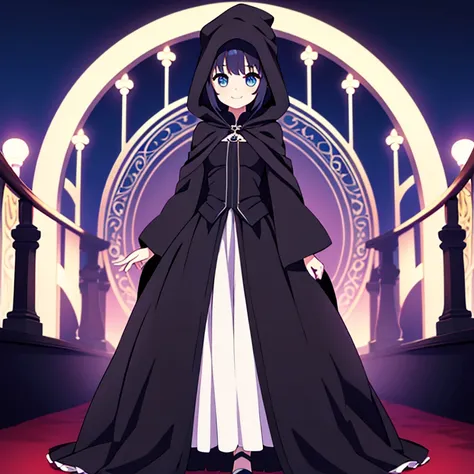 Full body, beautiful eyes ,(cult member)  , Ballgown, 1 girl  , full body , cute girl , anime style , cute eyes  , (standing up)   , (beautiful eyes) , black cloak , Smile, Looking at viewer, bones ,