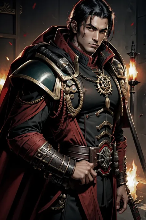 Warhammer 40k Rogue Trader , Wuxia, eastern Asian Man, dark black Hair , paleskin, handsome, black and red officers armor, cloak