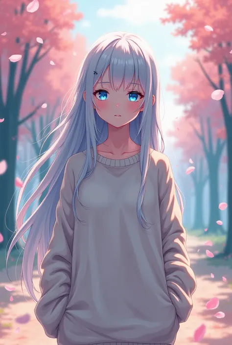 One girl, solo, High resolution, Silver Hair。Background petal。whole body,long hair, park,Bright blue eyes,Jumper ,anime