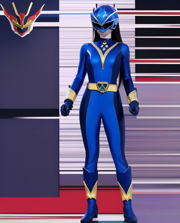 A woman blue rangers, blue ranger suit, as she power rangers blue, full body , helmet mask, long hair, high detailed, realistic, gloves, ultra realistic, ((full face helmet)), black shield sunglasses on eyes, smart black sunglasses 