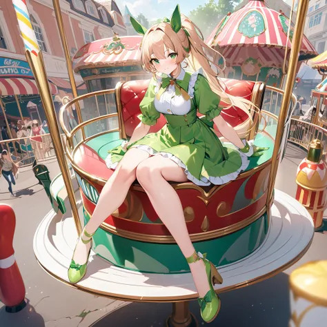  、Brown maid outfit,Strap Pumps,Low heels,One Girl, Alone,amusement park,((Spin and ride the merry-go-round ,Im riding in a horse-drawn carriage thats spinning so much ))Unity 8K Wallpapers、32K、masterpiece、 very detailed、Ultra-high resolution、 very detaile...