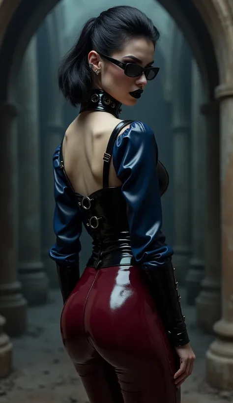 femme, vue de dos, latex, brillant, Les vampires, stricte, latex, brillant, collier bande latex noir avec gros anneaux metaliques, chemisier latex bleu marine foncé, large pantalon marron rouge latex, poches sur les fesses, fin serre taille latex noir, bre...