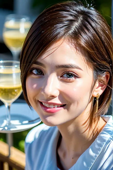 ((White Wine)),((Wine Glasses)),(Realistic, 超Realistic:1.4), 16K HDR, High resolution,((White Wine)),((Wine Glasses)),Happy smile、short hair,The best smile、Japanese actress,so beautiful(It looks like the real thing),dress、Slim couple、Model Couple、(Realisti...