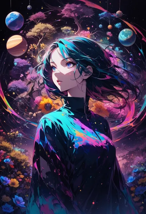 Closeup, Woman, face, random objects like dry tree, flowers, clock, planets, floating around her, strange colors, multiple colors, random colors