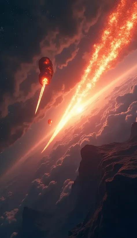 "Ultra-realistic, 8K scene of multiple meteorites high in the sky, entering Earths atmosphere. The meteorites are glowing brightly with fiery orange and red trails, descending rapidly towards the Earth but still far from impact. The sky is filled with dark...