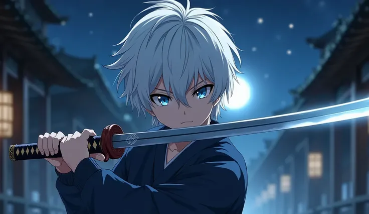 White-haired boy, The eyes shine slightly、 person with anime-style katana at night, In the middle of the photo「There is the word Yunosteri 」  