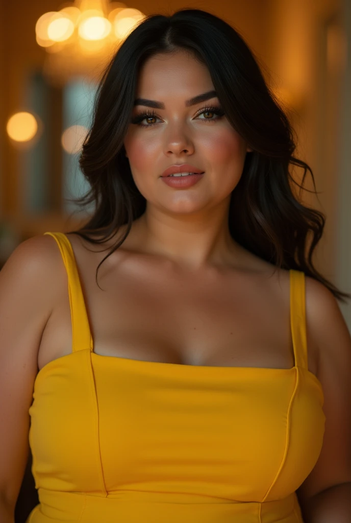 a chubby slim girl in a yellow tight dress, detailed face and body, large breasts, beautiful detailed eyes, beautiful detailed lips, extremely detailed eyes and face, long eyelashes, hourglass figure, cinched waist, perfect skin, gorgeous, flawless, delica...