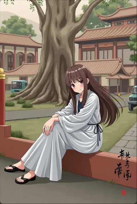 1girls, long hair, brown hair, looking at viewer, blush, bangs, solo, long sleeves, dress, ribbon, brown eyes, sitting, closed mouth, hair ribbon, outdoors, solo focus, day, black footwear, white dress, tree, sandals, ground vehicle, building, motor vehicl...