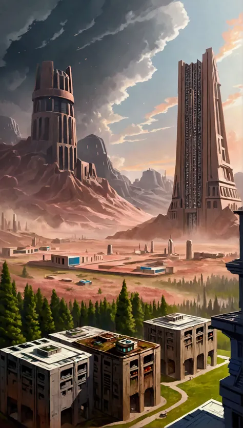 ralph-mcquarrie style, sci-fi greek architecture, beautiful forest meadow scene, tall buildings, open green spaces, oil painting, highly detailed, photorealistic, 8k, best quality