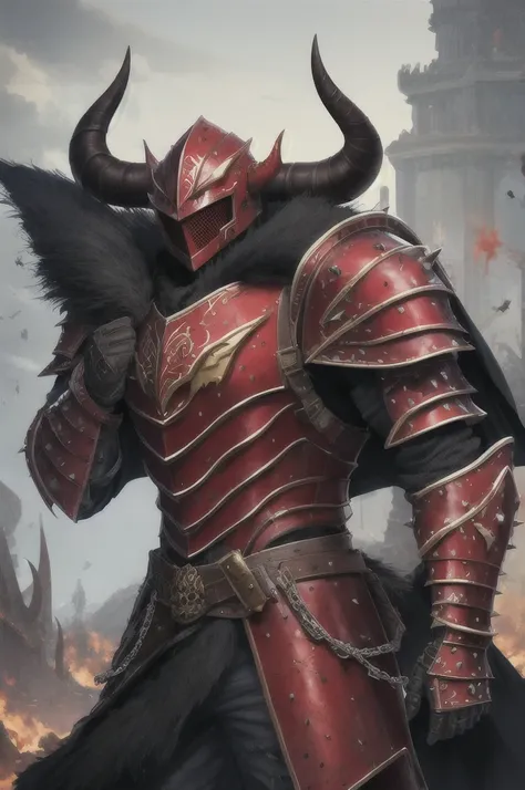 1boy, man, (masterpiece:1.2), (best quality:1.2), extremely detailed, highres, khorne, red armor, full armor, skull, spiked armor, chain, helm, helmet, horned helmet, pauldrons, sword, torn cape, gauntlets, black fur, plate armor, glowing eyes, red eyes