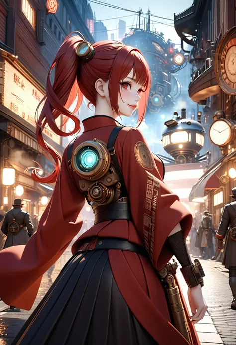 a highly detailed 3d cg concept art of a steampunk and taisho era civilization fusion, a red-haired twintail girl with a mechanized body posing in a night city street, beautiful detailed red eyes and lips, extremely detailed and realistic white skin, weari...