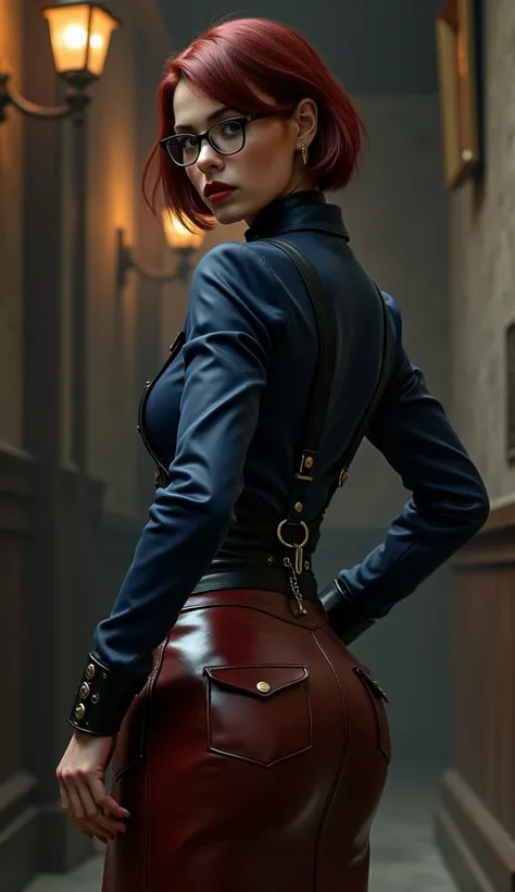 Women, view from back, latex, brilliant, Les vampires, stricte, latex, brilliant, latex band collar with large metal ring with a leash attached to the ring, navy blue latex blouse, zip in the back, long brown red latex skirt latex, poches sur les fesses, b...