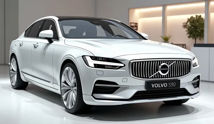 Create a ultra detailed 3d render modern Volvo S90 with bold design  with "Gleamy White " colour with a "Volvo" logo on its front with a large white detailed grille. And white alloy wheels ‘and.headlights" and with wide expended body  “in glossy white with...