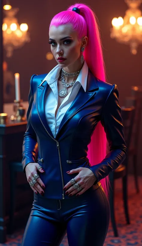 Femme, latex, metalique, brillant, anneaux, chaines, dominatrice, bdsm, porte un smoking en latex bleu foncé, chemise latex blanc, talons aiguille vinyle rose fluo, visage mechant, regard evil, cheveux longue queue de cheval rose fluo. Fond de soirée bdsm ...