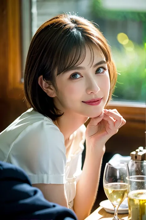 ((White Wine)),((Wine Glasses)),(Realistic, 超Realistic:1.4), 16K HDR, High resolution,((White Wine)),((Wine Glasses)),Happy smile、short hair,The best smile、Japanese actress,so beautiful(It looks like the real thing),dress、Slim couple、Model Couple、(Realisti...