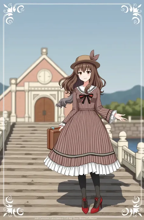 1girl, solo, solo focus, east asian architecture, ta fashion, long hair, looking at viewer, bangs, brown hair, long sleeves, hat, dress, bow, ribbon, holding, brown eyes, standing, full body, pantyhose, outdoors, frills, sky, shoes, day, striped, blurry, r...