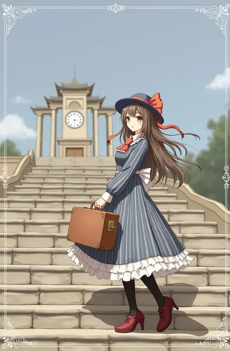 1girl, solo, solo focus, east asian architecture, ta fashion, long hair, looking at viewer, bangs, brown hair, long sleeves, hat, dress, bow, ribbon, holding, brown eyes, standing, full body, pantyhose, outdoors, frills, sky, shoes, day, striped, blurry, r...