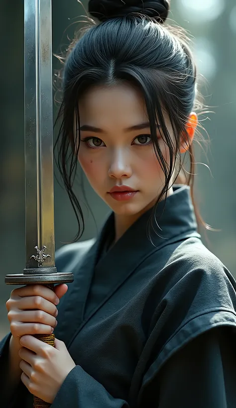 beautiful Japanese female warrior is holding a reflective shiny katana in front of the left hand side of her face, an ancient mythical Japanese demon is reflected in the katana blade